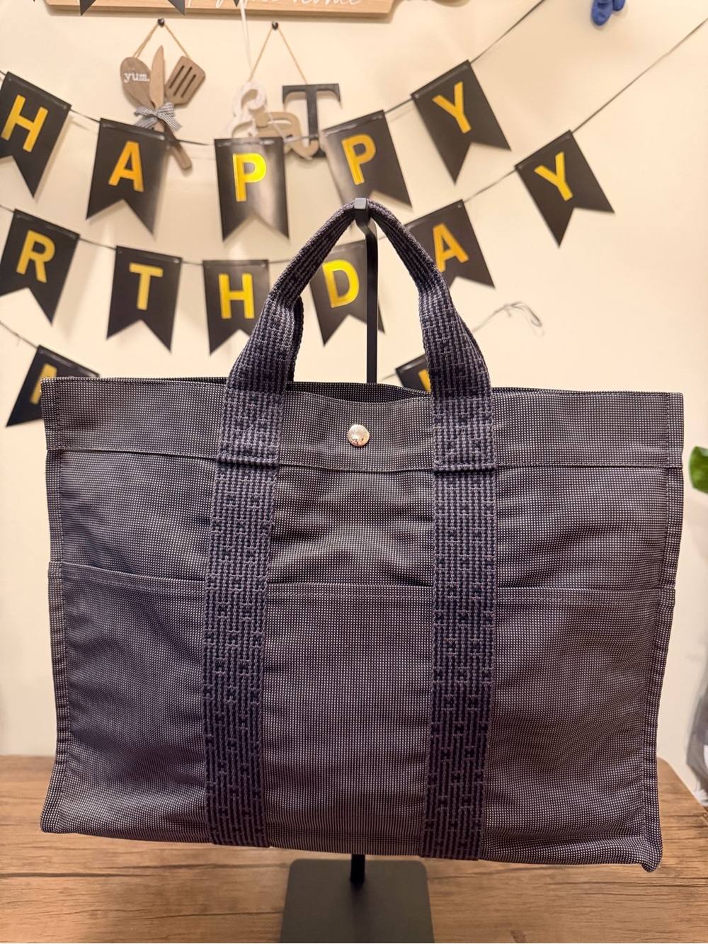 Authentic Hermes Herline Tote MM Canvas Charcoal Gray Top Handle Bag